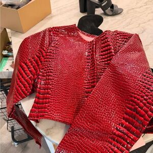 Elegant Red Crocodile Pattern Leather Jacket